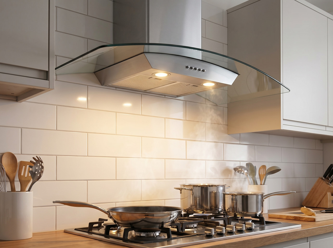 Extractor de pared premium de 36 pulgadas con ala de vidrio curvo instalado en una cocina residencial elegante