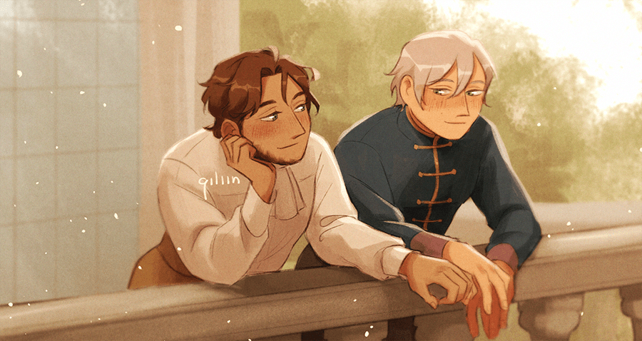 An illustration of Claude and Ashe from Fire Emblem: Three Houses, post-timeskip. They are both wearing casual clothes, leaning over the railing of a balcony side by side. Claude is intertwining his pinky finger with Ashe's, smiling at Ashe who's shyly holding his gaze.