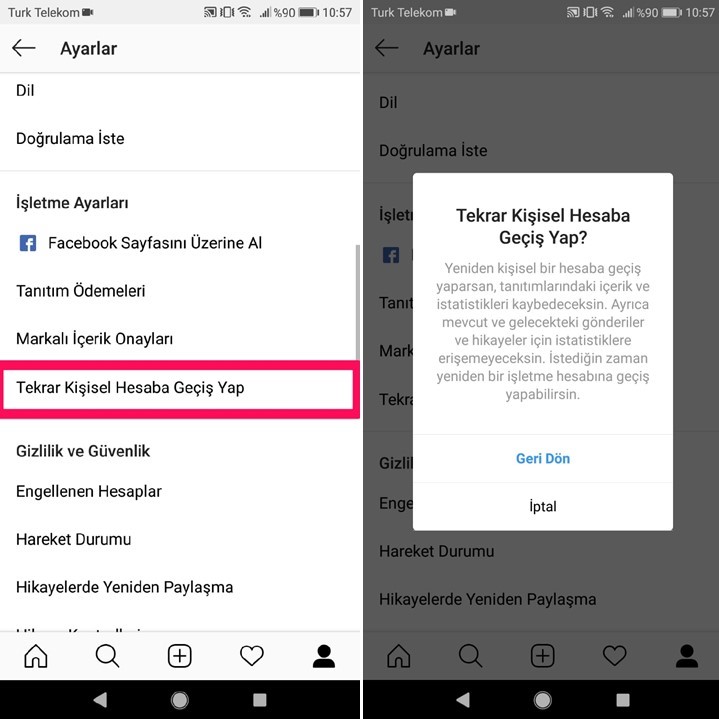 instagram kişisel hesaba geçiş