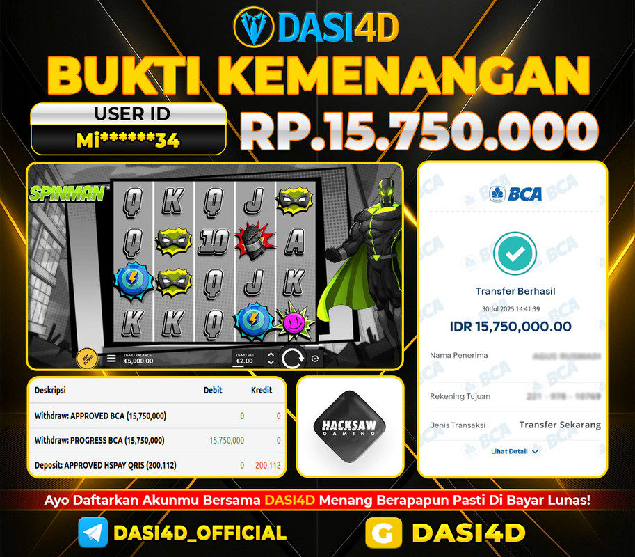 BUKTI KEMENANGAN 30 JULI 2025 SPINMAN RP 15.750.000