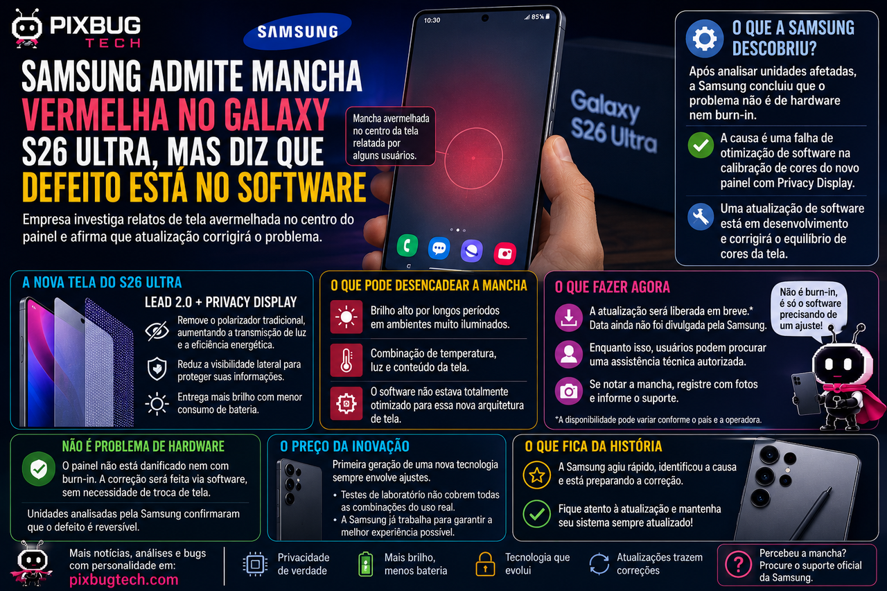 Samsung admite mancha vermelha no Galaxy S26 Ultra, mas diz que defeito está no software
