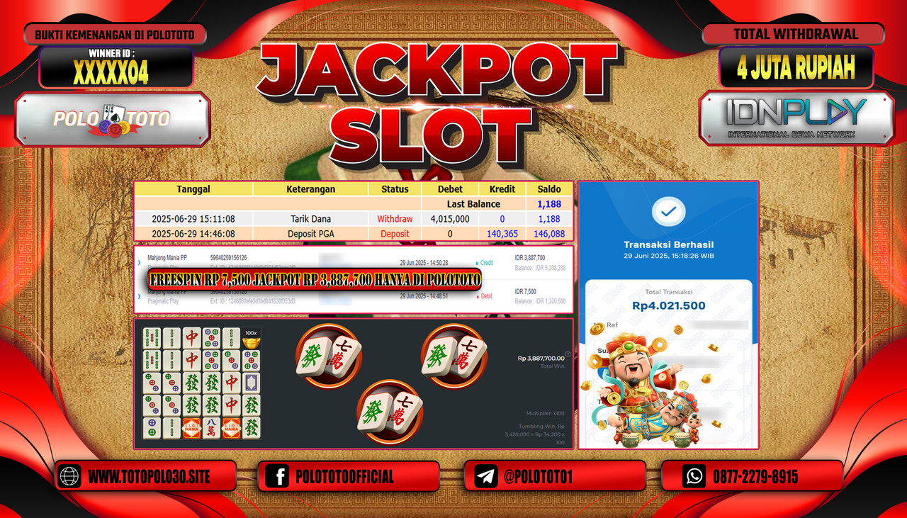 POLOTOTO JACKPOT SLOT MAHJONG MANIA PP Rp.4.000.000,- LUNAS