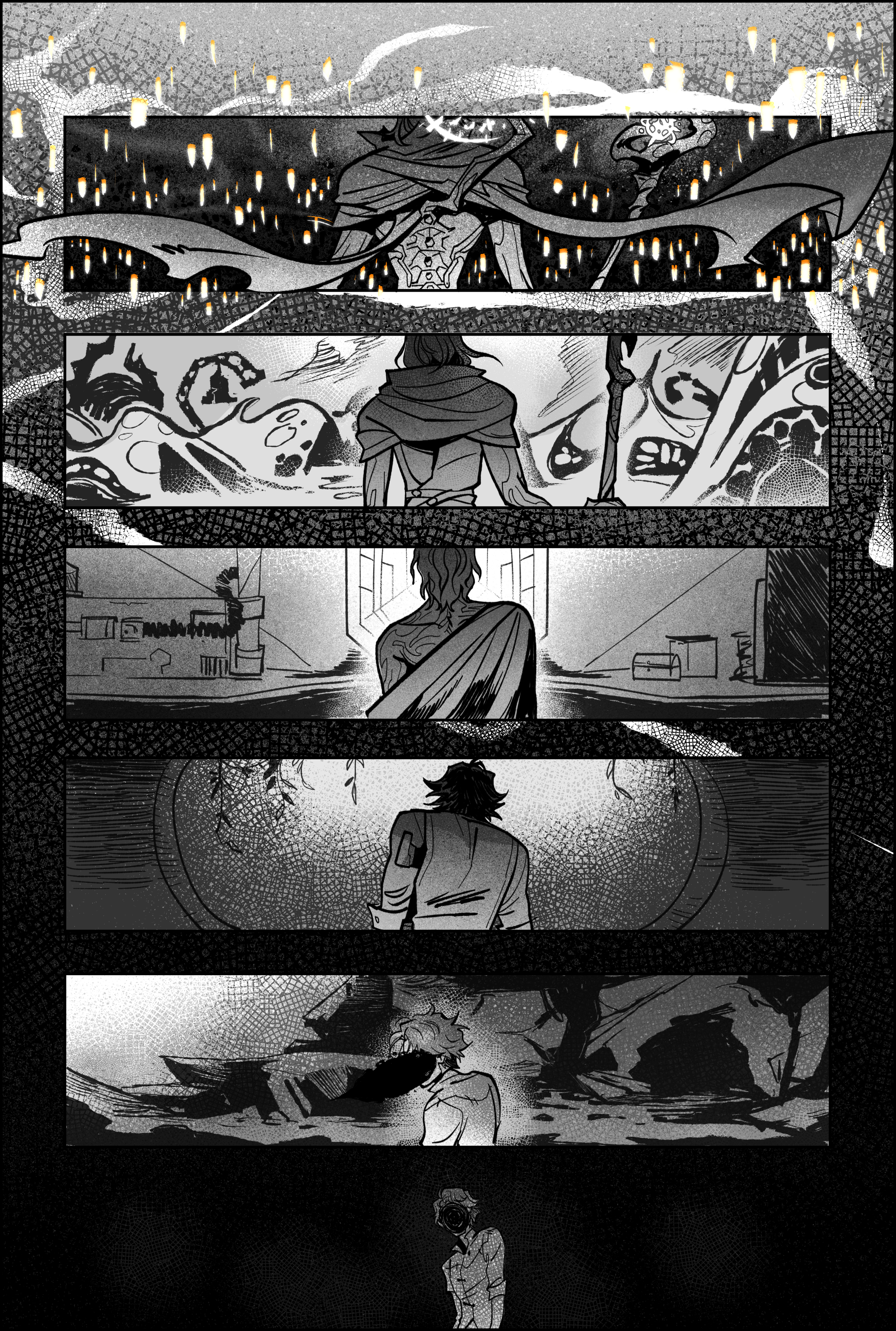 Page 14. This page is made up of 6 symmetrical panels, no words. Starting from the top, they all depict viktor from the back, his face cut off frame. First is the herald of the arcane, floating high among the stars and surveying all the gentle soul flames of the people he has raptured. His cape billows out of frame, regal. Incomprehensibly powerful magic. Panel 2, viktor in the abandoned commune, as he was before it died yet watching the empty hollow tents left like husks after his death. A paradox. Panel 3, Viktor in the hextech lab he once shared with jayce, after he steps out of the cocoon. His hair still wet, the blanket slipping from his shoulders. He is framed by the false light of the window they kept in their laboratory. Newly transformed. Panel 4; viktor from the end of season 1, after his terminal diagnosis. His posture is pained, skewed south. His head is bowed, finally inside the frame. Covered in shadow. He is at the very edge of the water tower, at the center of the hole where he almost killed himself. Panel 5, child viktor in the creek where he played with his boat, at the opening of Singed’s cavern/hidden laboratory. He turns to face the viewer, and his face is a blotch of pure black ink. It almost looks like a fountain of blood in motion. Panel 6, a lonely white figure at the bottom of a black page, child viktor, faceless, staring straight ahead. An empty hole for a face. End page.
