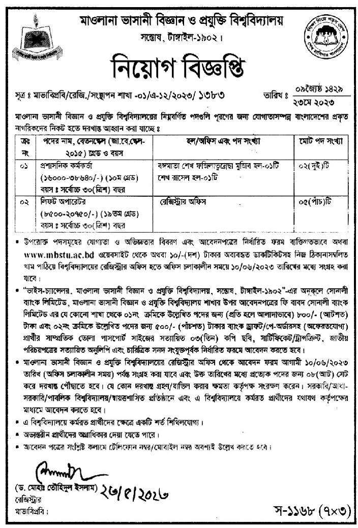 MBSTU job circular 2023