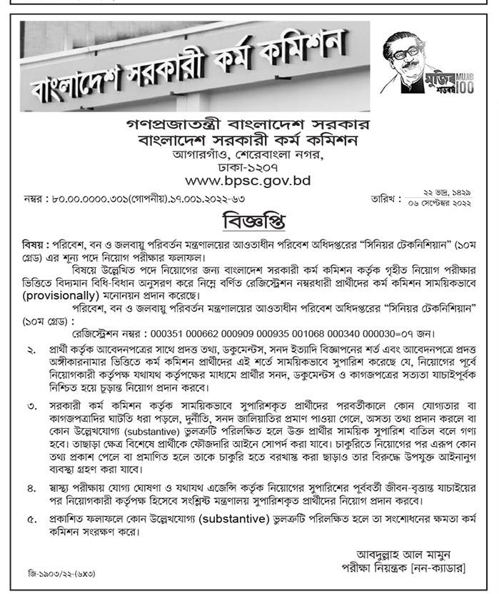 পরিবেশ, বন ও জলবায়ু পরিবর্তন মন্ত্রণালয়ের আওতাধীন পরিবেশ অধিদপ্তরের ‘সিনিয়র টেকনিশিয়ান’ (১০ম গ্রেড) এর শূন্য পদে নিয়োগ পরীক্ষার ফলাফল।