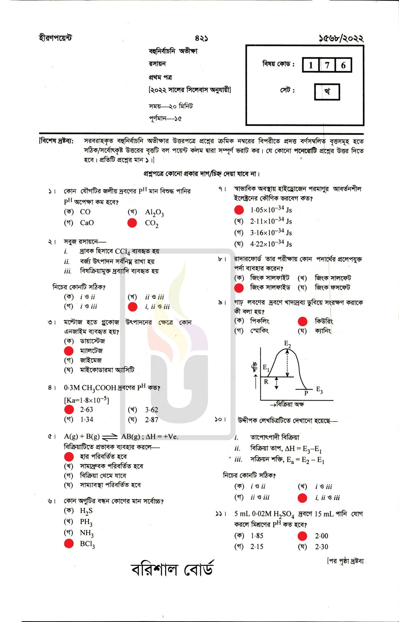 বরিশাল বোর্ড এইচএসসি রসায়ন ১ম পত্র প্রশ্ন সমাধান ২০২২
