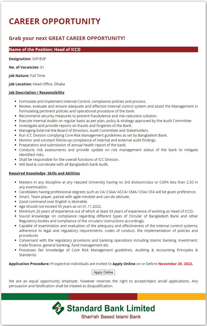 Standard Bank Ltd Job Circular 2022