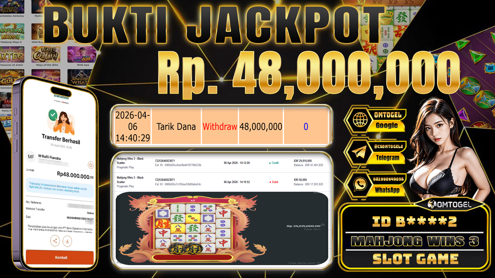 OMTOGEL JACKPOT PRAGMATIC PLAY MAHJONG WINS 3 - BLACK SCATTER, 48 JUTA DI BAYAR LUNAS ,-