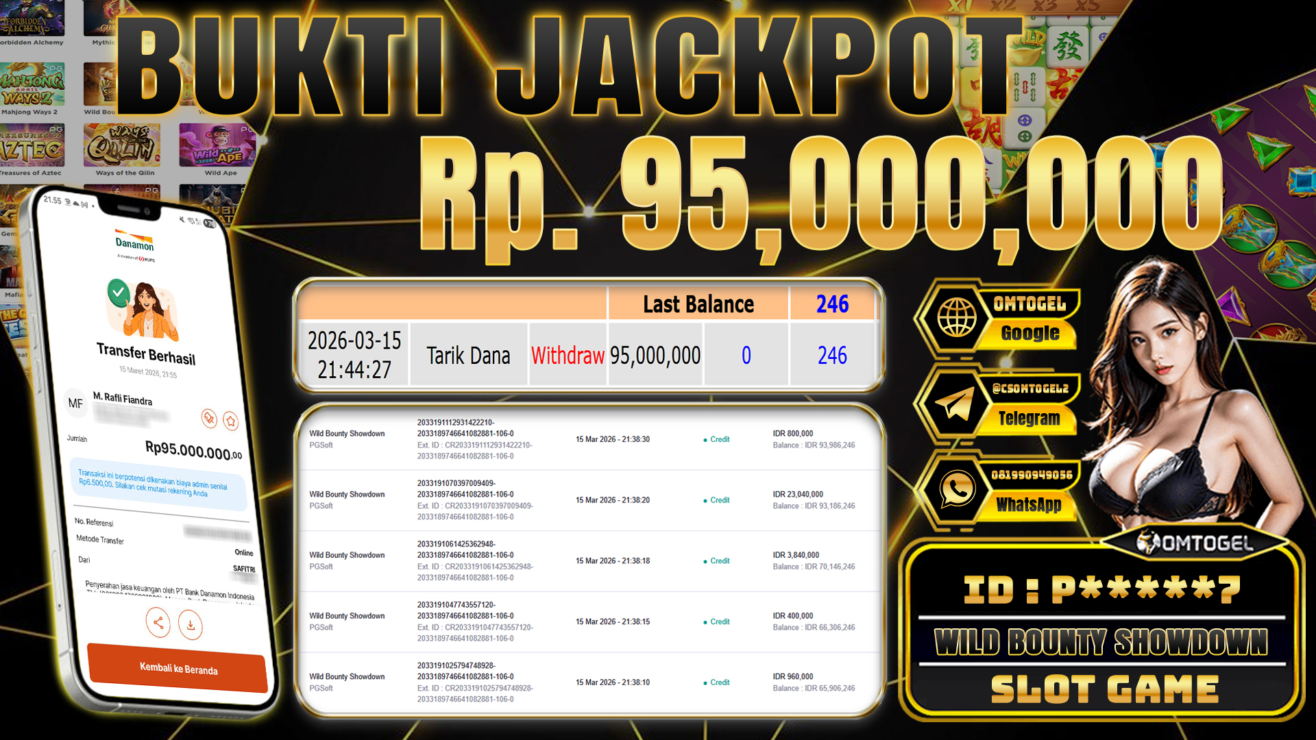 OMTOGEL JACKPOT PG SOFT WILD BOUNTY SHOWDOWN, 95 JUTA DI BAYAR LUNAS ,-