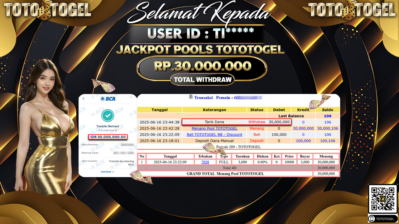 Bukti Pembayaran Jackpot Permainan Togel Pools TotoTogel ID:TI***** LUNAS