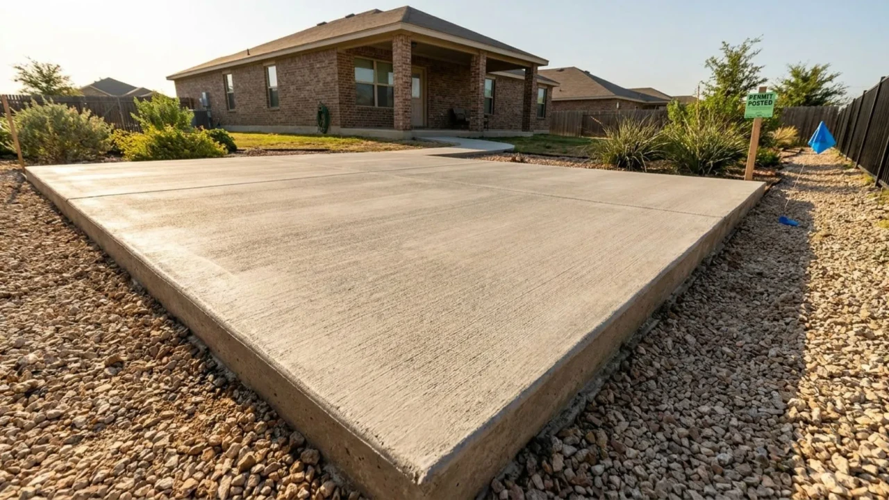 Finished residential concrete patio slab in San Antonio after a properly permitted pour — clean broom finish, correct drainage pitch, and crisp edges show the result of doing the permit and utility steps right before work started