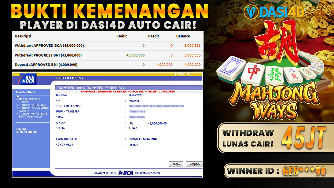 BUKTI KEMENANGAN 30 MEI 2025 DI MAHJONG WAYS WD 45 JUTA