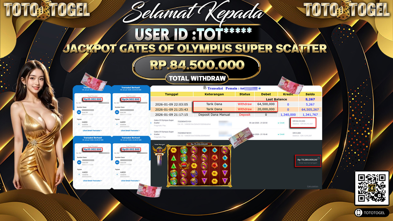 Bukti Pembayaran Jackpot Permainan Slot Gates Of Olympus Super Scatter  ID:TOT**** LUNAS