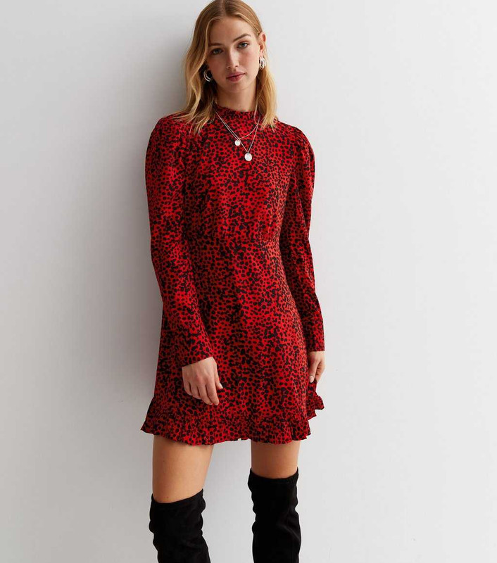 red-abstract-print-high-neck-long-sleeve-mini-dress