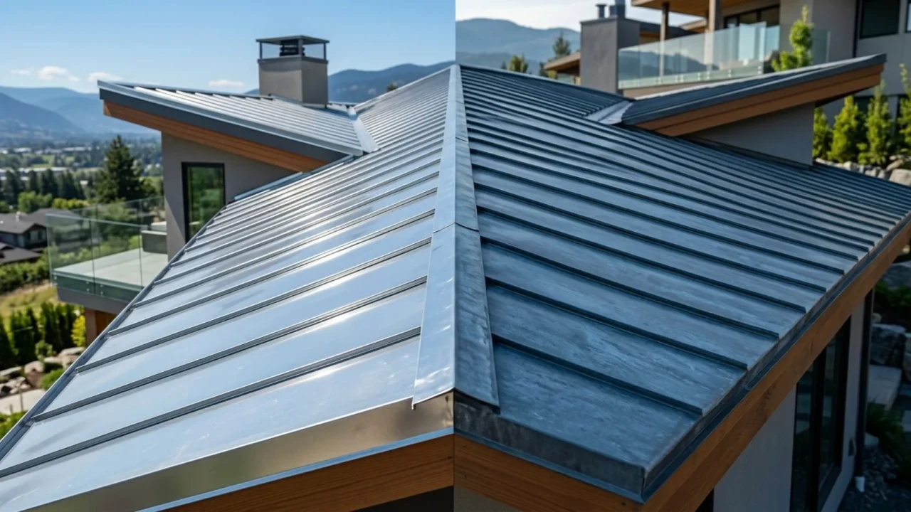 Zinc roofing panels showing raw and pre-weathered finish comparison