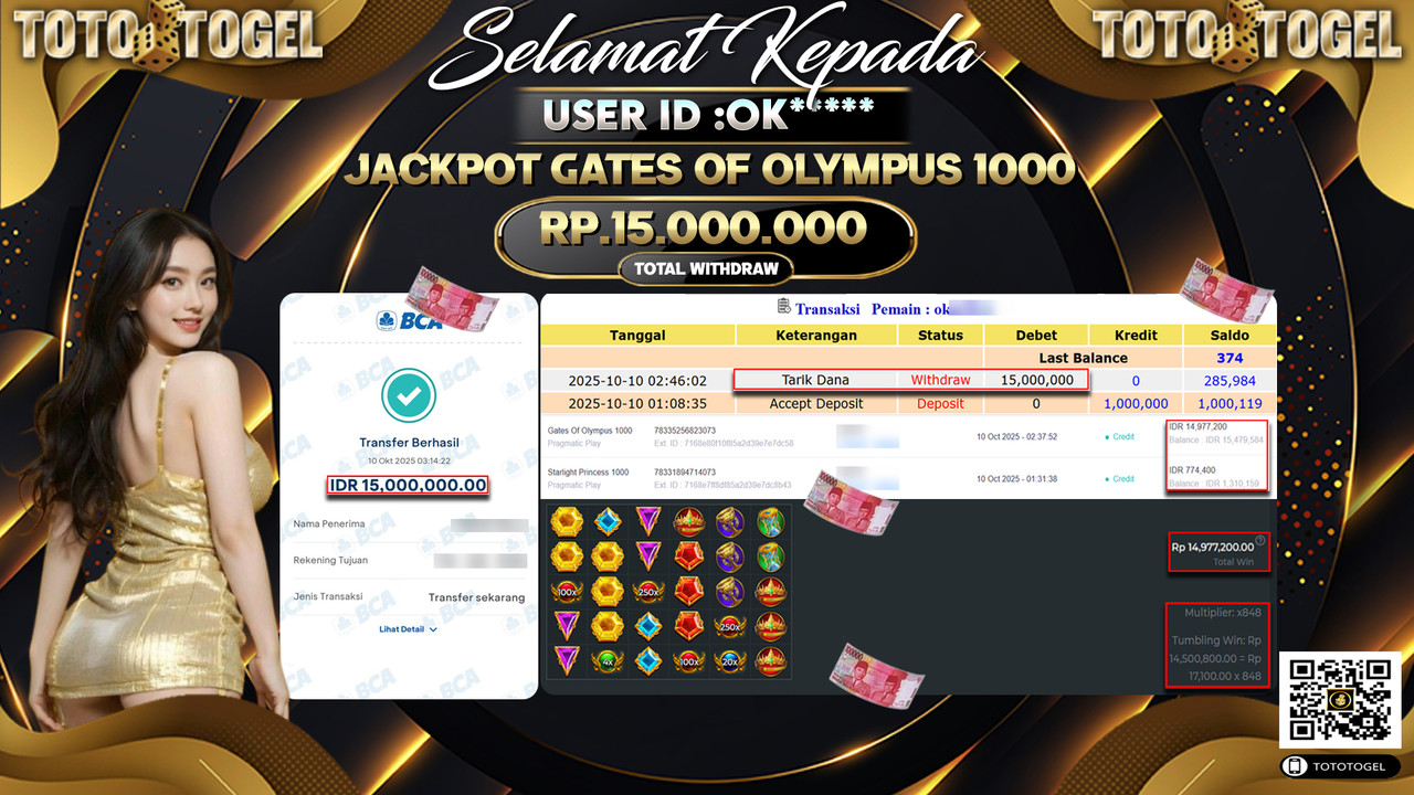 Bukti Pembayaran Jackpot Permainan Slot Gates Of Olympus 1000  ID:OK*** LUNAS