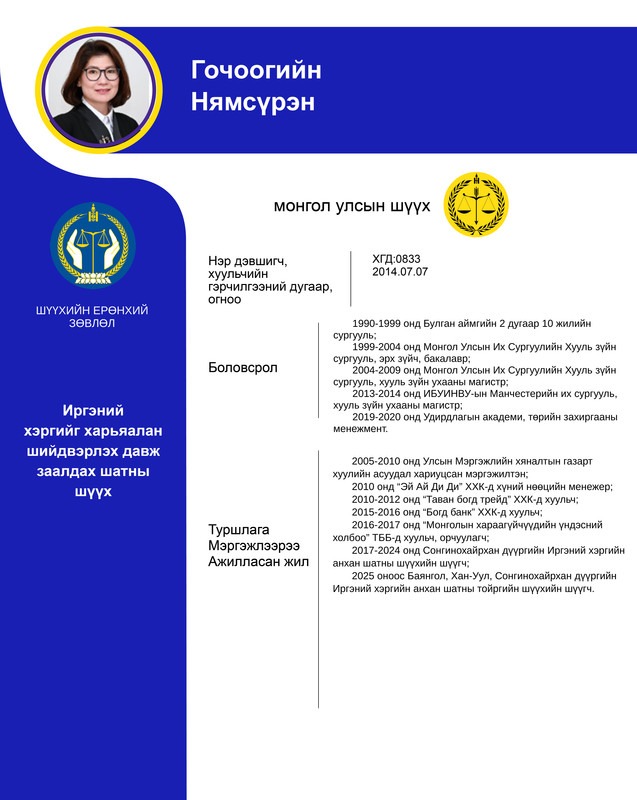 Иргэний хэргийг харьяалан шийдвэрлэх давж заалдах шатны шүүхэд нэр дэвшигч Г.Нямсүрэнгийн мэргэжлийн үйл ажиллагааны танилцуулга