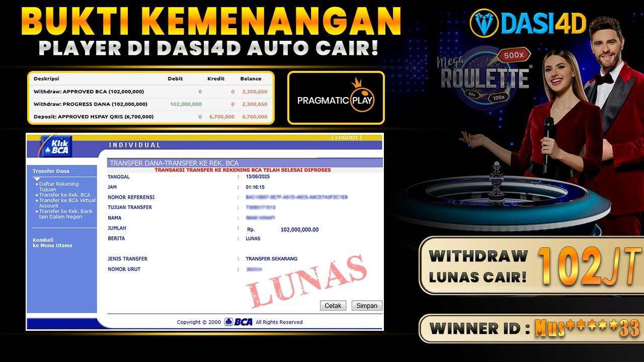 BUKTI KEMENANGAN 13 JUNI 2025 DI MEGA ROULETTE WD 102 JUTA