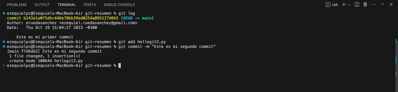 Ejecucion comando git commit Git status y Git log