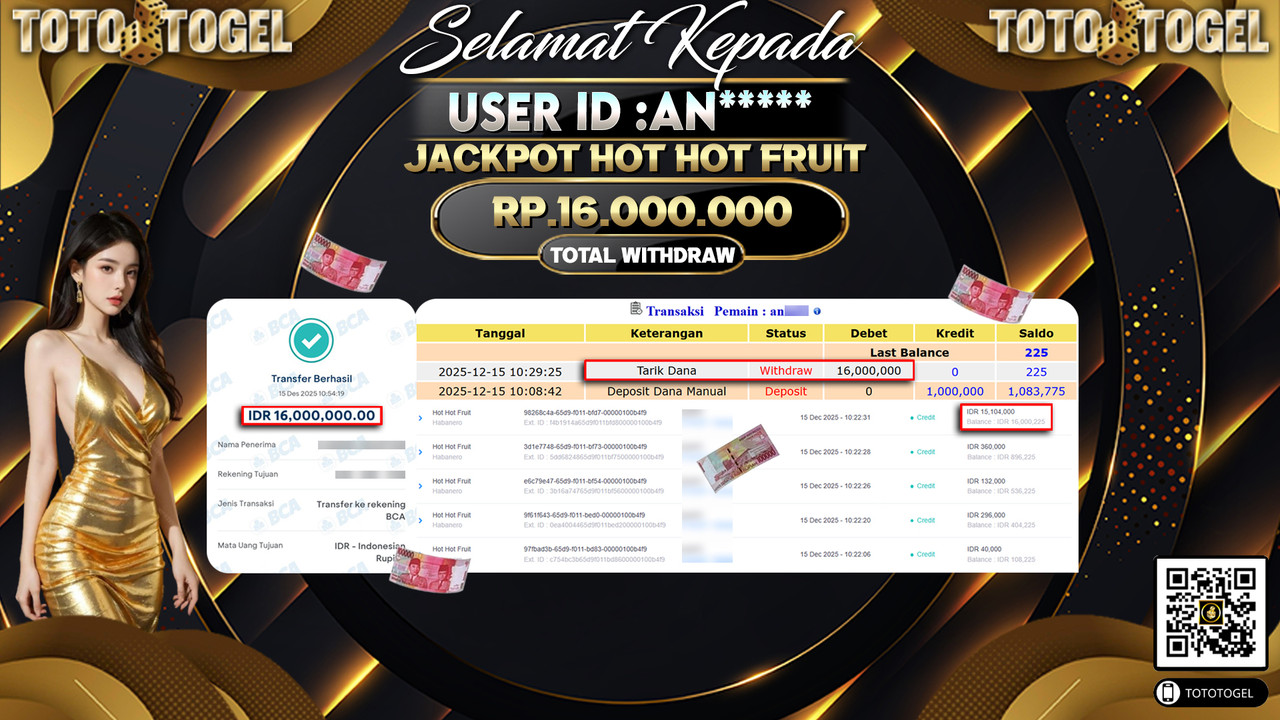 Bukti Pembayaran Jackpot Permainan Slot Hot Hot Fruit ID:AN***** LUNAS