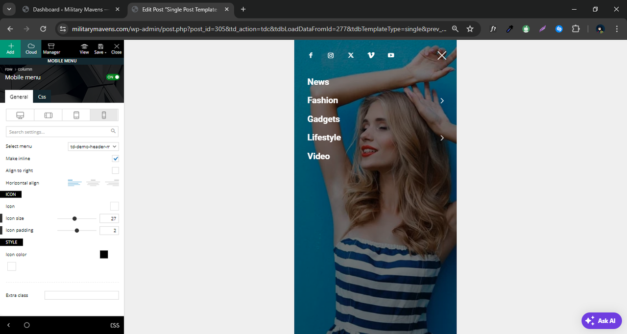 Menu items visible on mobile view in tagdiv composer