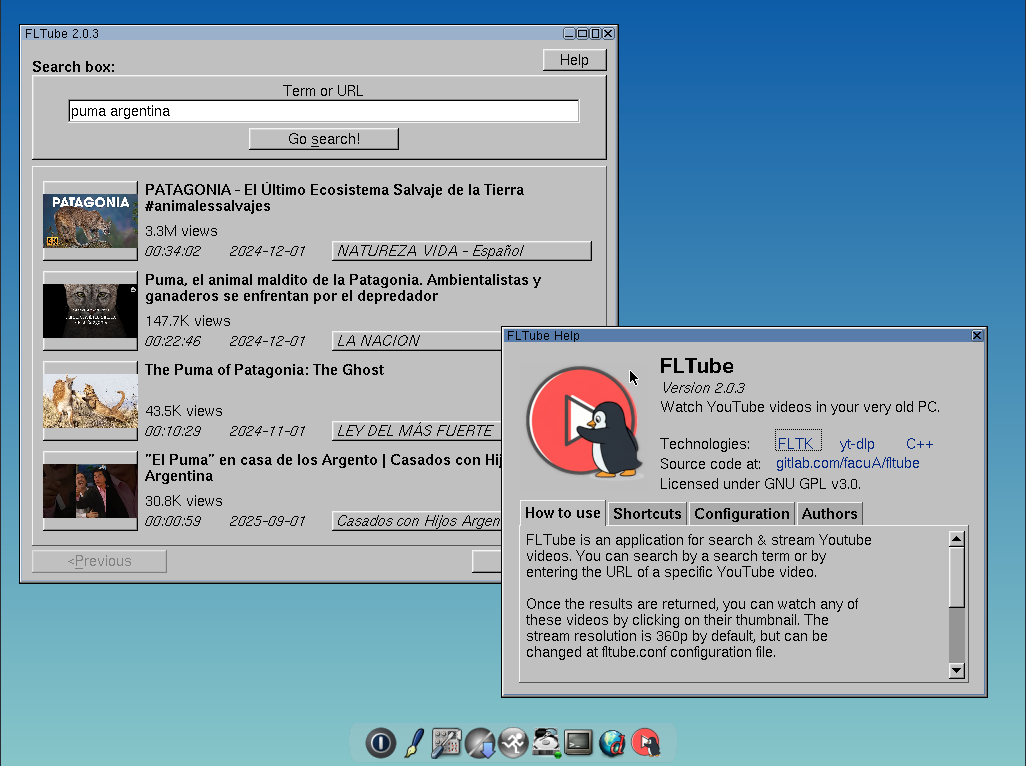 FLTube in action on Tiny Core Linux