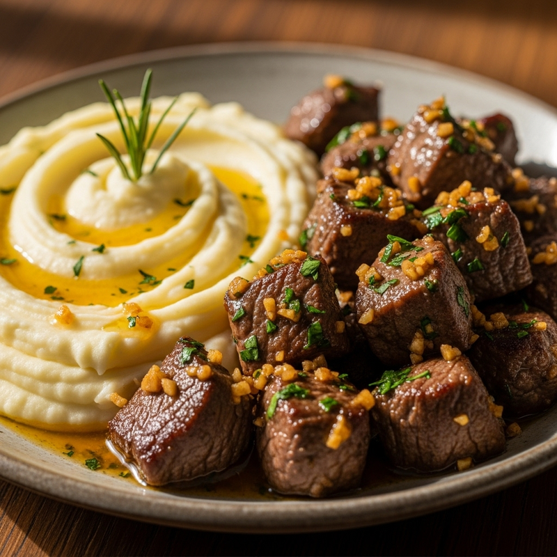 Prato com picadinhos de carne sobre purê cremoso de batata, finalizado com salsinha fresca.
