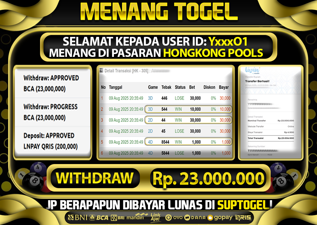  BUKTI KEMENANGAN 9 AGUSTUS 2025 MENANG DI PASARAN HONGKONG POOLS  TOTAL WD 23 JUTA