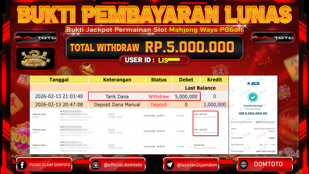 JACKPOT SLOT Mahjong Ways PGSoft 13 FEBRUARI 2026