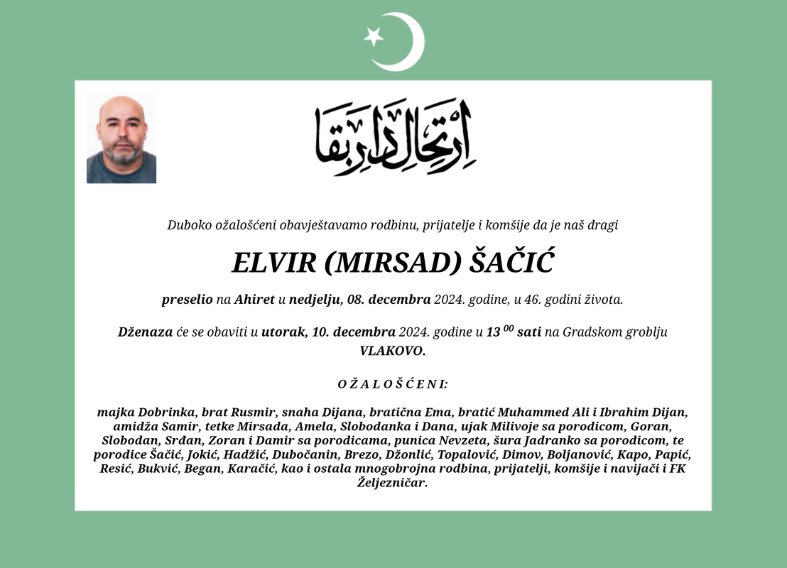 Smrtovnica ELVIR (MIRSAD) ŠAČIĆ