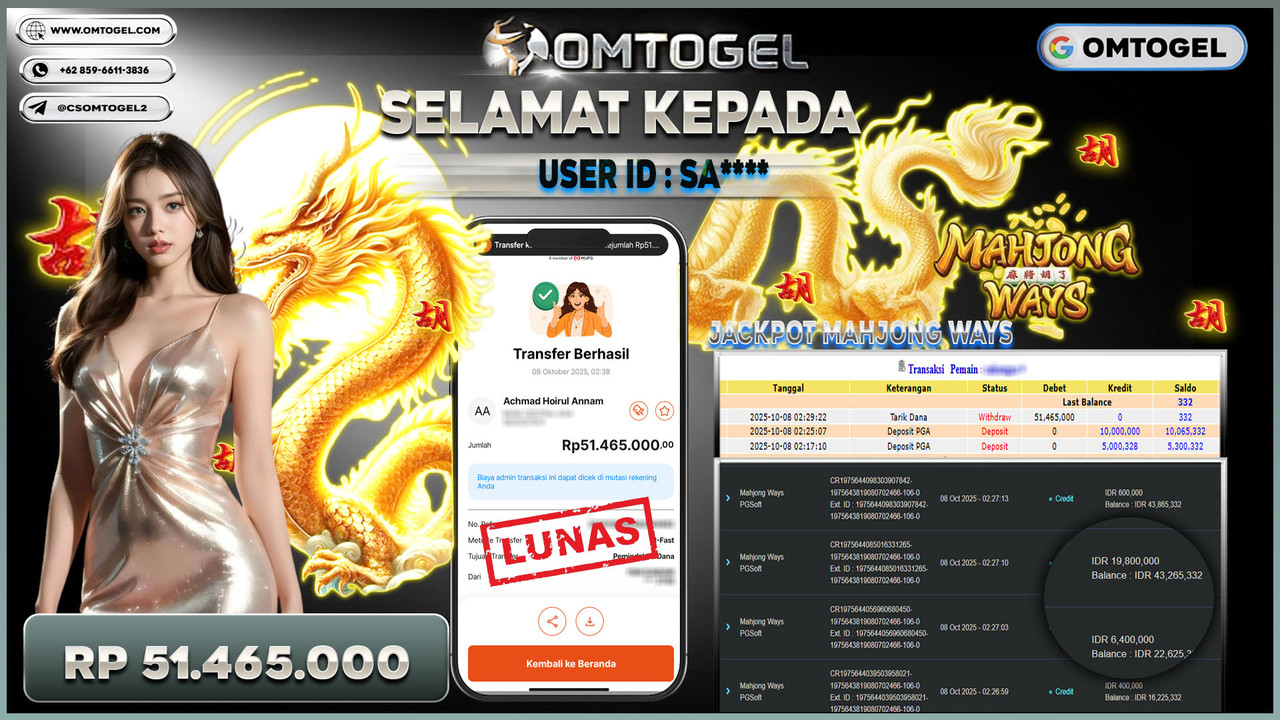 OMTOGEL JACKPOT PGSOFT MAHJONG WAYS 51 JUTA DI BAYAR LUNAS ,-