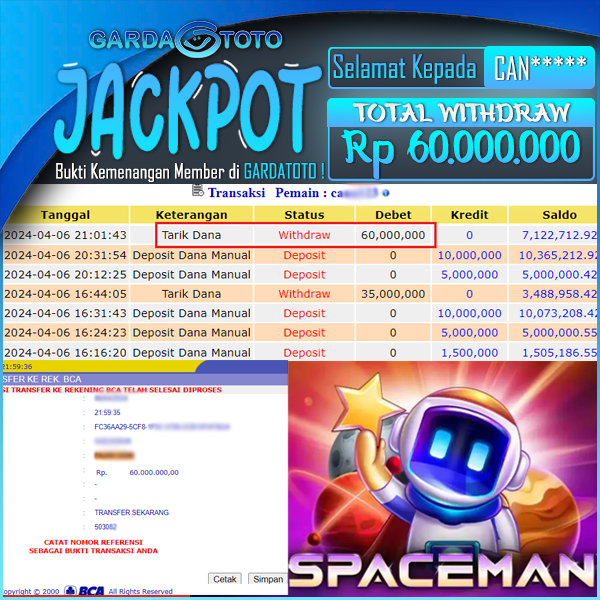JACKPOT MAIN DI SPACEMAN PRAGMATIC PLAY  WD Rp 60.000.000,- DIBAYAR LUNAS GARDATOTO MANTAP !