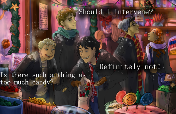 Lupin: Should I intervene? Pettigrew and Potter shoving candy into a bag. Pettigrew: Is there such a thing as too much candy? Potter: Definitely not!