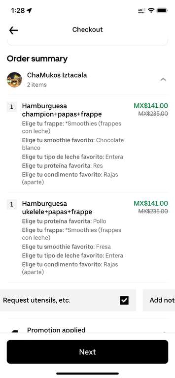 Uber Eats: 2 hamburguesas con papas y frappe por $94 | chamukos iztacala | CDMX 
