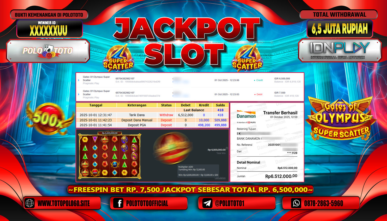 POLOTOTO JACKPOT SLOT GATES OF OLYMPUS SUPER SCATTER Rp.6.500.000,- LUNAS
