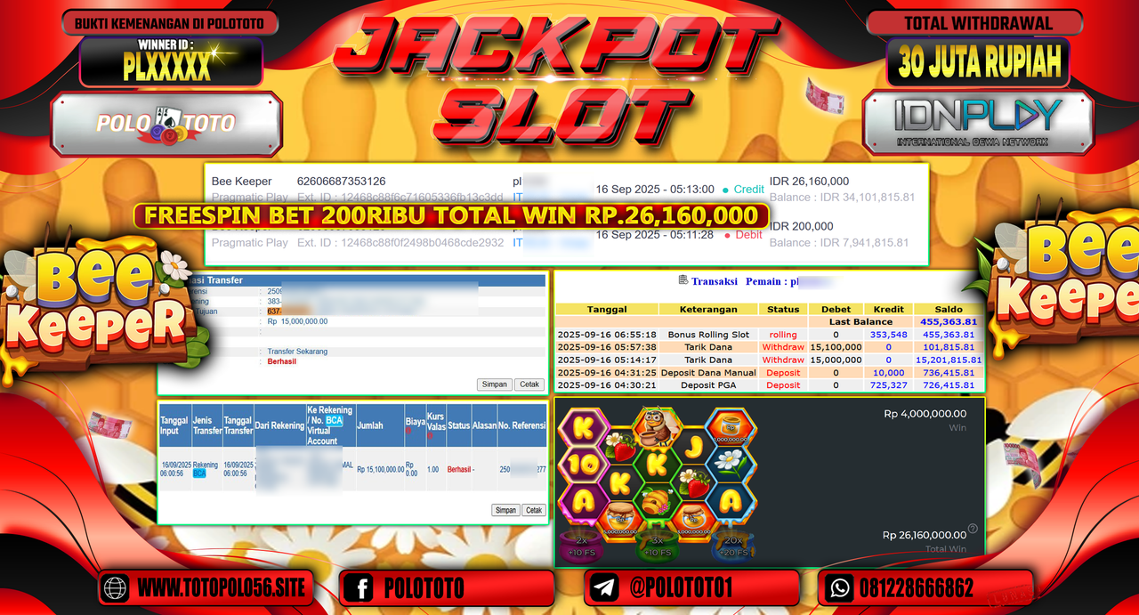 POLOTOTO JACKPOT SLOT BEE KEEPER Rp.30.000.000,-
