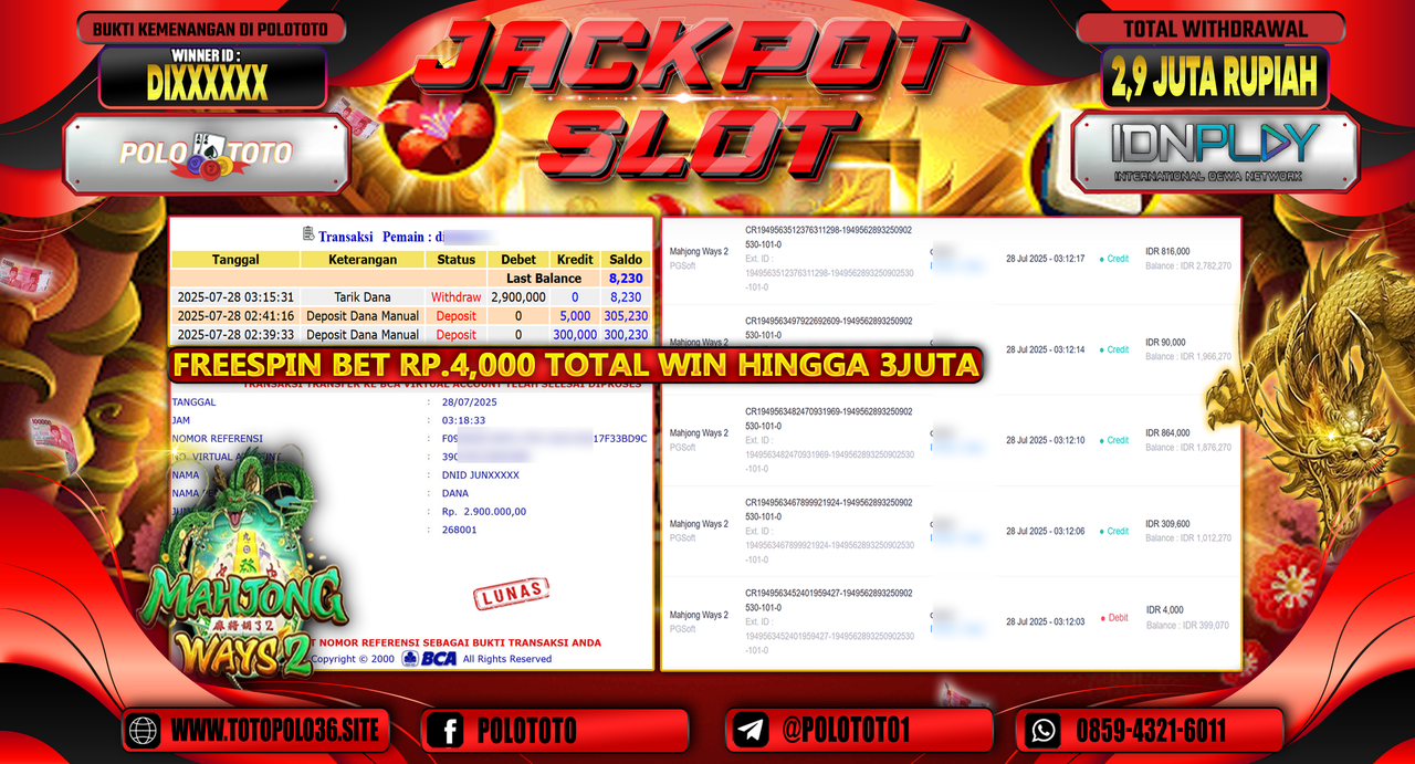 POLOTOTO JACKPOT SLOT MAHJONG WAYS 2 Rp.2.900.000,- LUNAS