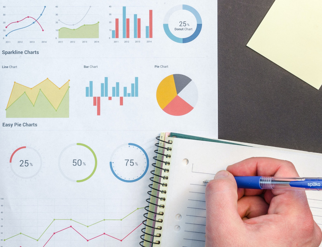 overhead image of hand holding pen taking notes in a notebook and a paper with several graphs