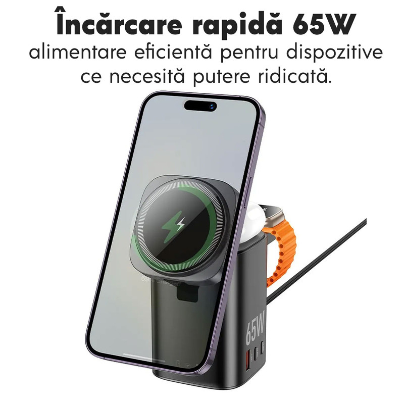 Statie de incarcare wireless 6 in 1 Hoco CQ20A pentru toate dispozitivele, 2xUSB-C, USB, 65W, Qi Charging, Negru wireless charger 6in1 up to 15w magsafe 2xusb c 1xusb up to 65w hoco cq20a black