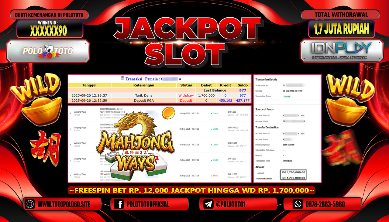 POLOTOTO JACKPOT SLOT MAHJONG WAYS Rp.1.700.000,- LUNAS