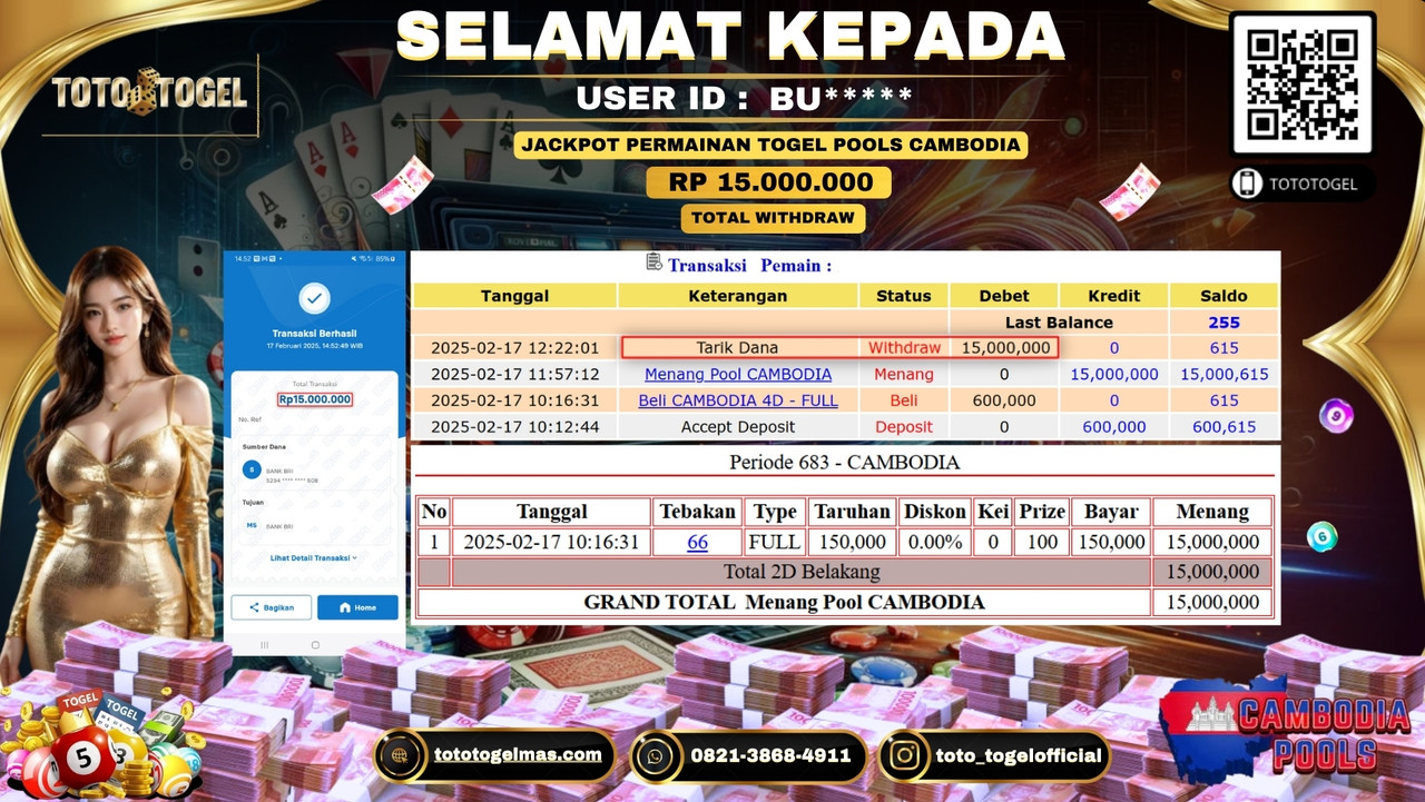Bukti Pembayaran Jackpot  Permainan Togel Pools Cambodia  ID:BU**** LUNAS