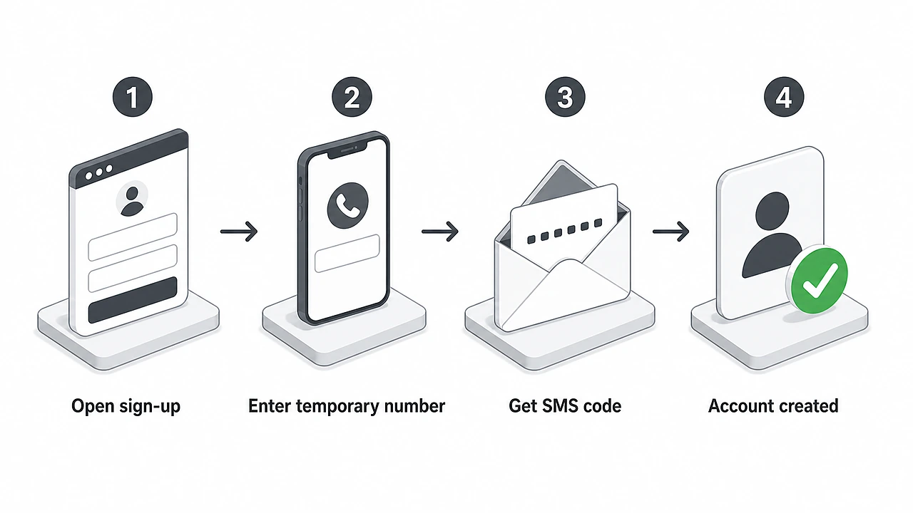 Step by step process of registering an account using a temporary phone number for SMS code