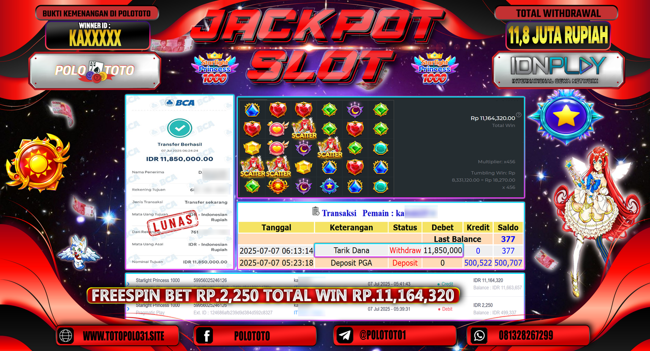 POLOTOTO JACKPOT SLOT STARLIGHT PRINCESS 1000 Rp.11.850.000,-