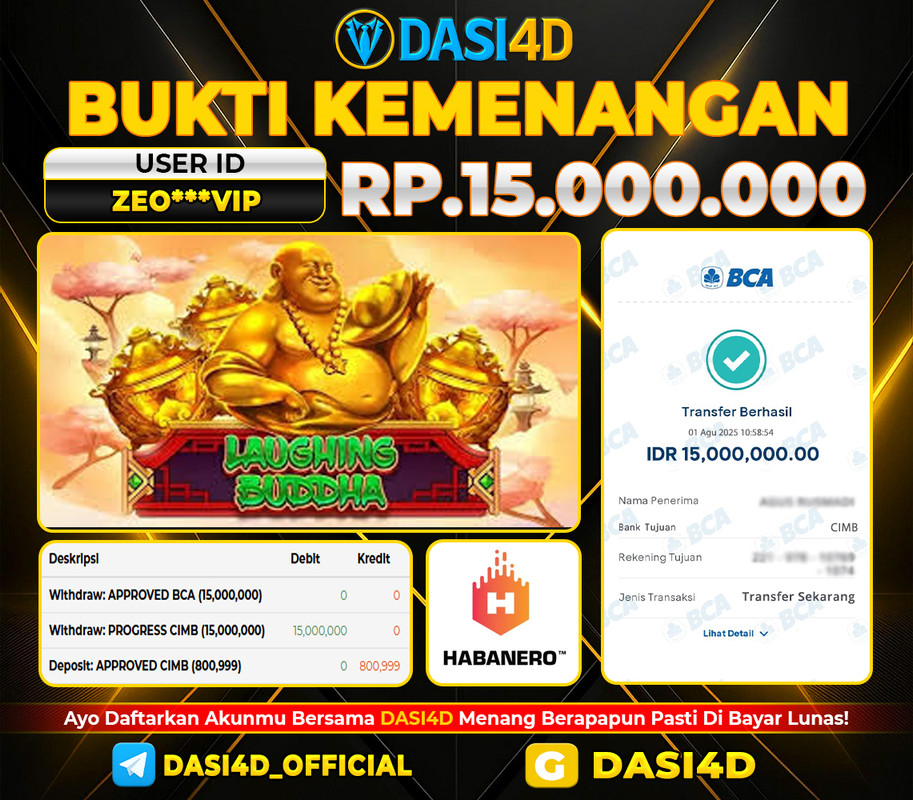 BUKTI KEMENANGAN 01 AGUSTUS DI LAUGHINS BUDDHA RP 15.000.000