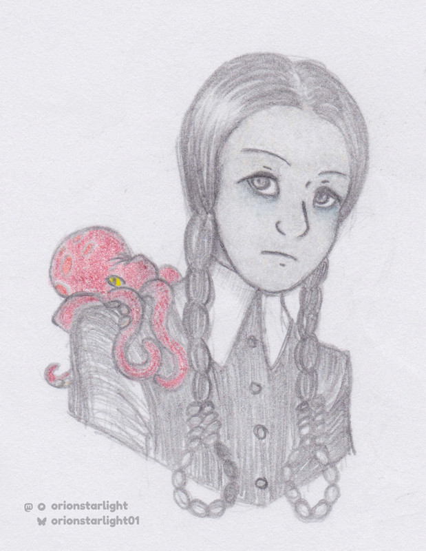 My drawing of Wednesday Addams from the 2019 and 2021 animated films. The ends to her twin braids are plaited into nooses. Her tiny red octopus, Socrates, is perched on her right shoulder.