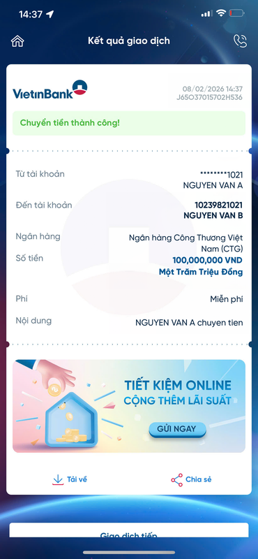 Vietinbank bill demo