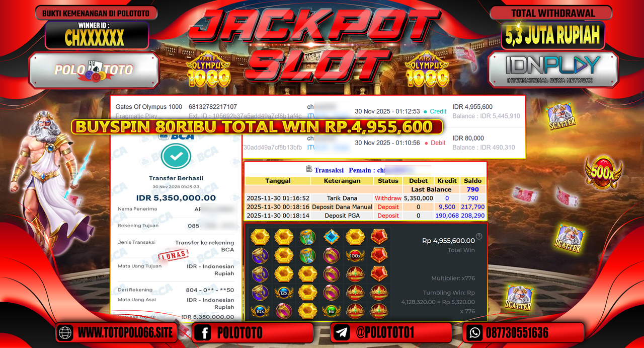 POLOTOTO JACKPOT SLOT GATES OF OLYMPUS 1000 Rp.5.300.000,- LUNAS