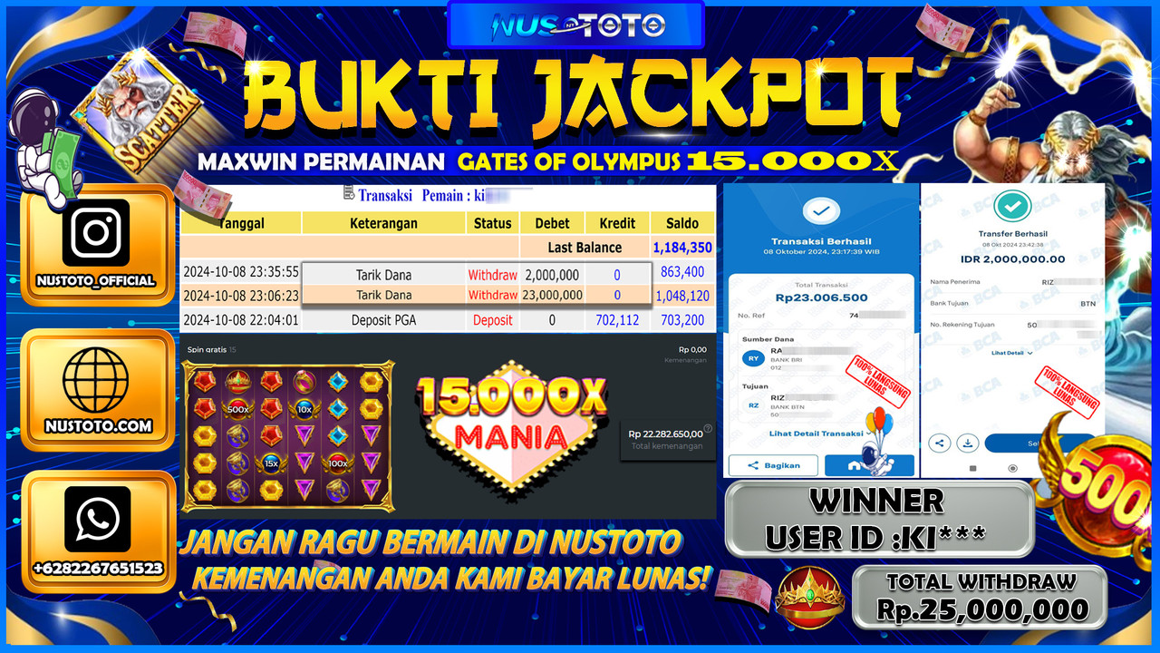 JACKPOT !! MENANG BESAR DI GATES OF OLYMPUS x 15.000  Rp. 25.000.000 LANGSUNGaDI BAYAR LUNAS NUSTOTO !!