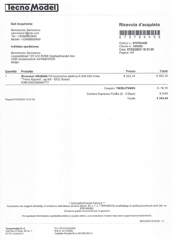 Tecnomodel - Ordine 675794458 - Rivarossi Art HR2868S - Locomotiva E646 035 - €306,94