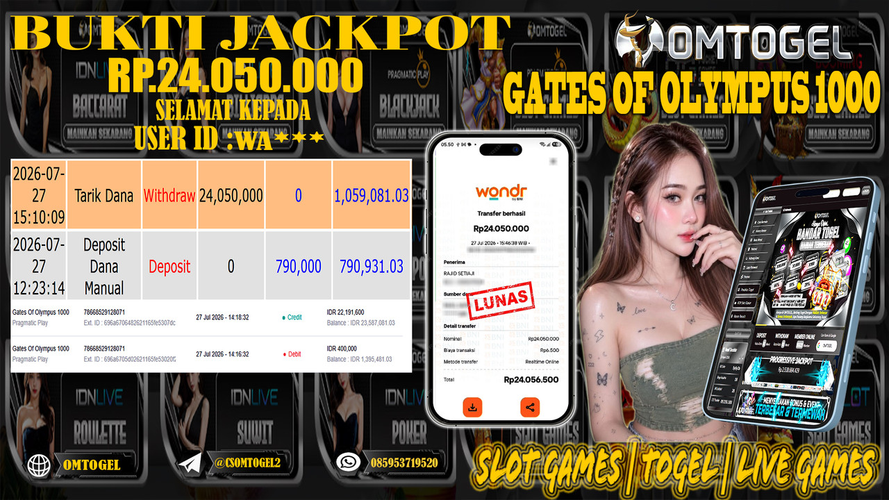OMTOGEL JACKPOT PRAGMATICPLAY GATES OF OLYMPUS 1000  Rp,24,050,000,- DIBAYAR LUNAS